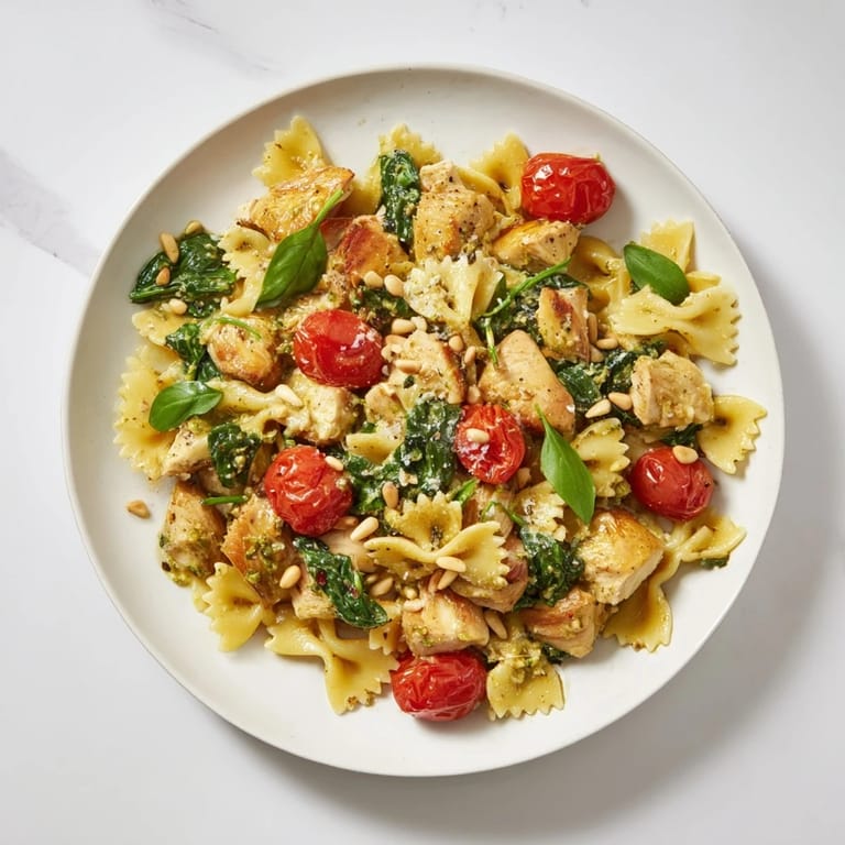 Warm, comforting bowl of Pesto Chicken Bowtie Pasta, perfect for a weeknight meal, ready to eat.