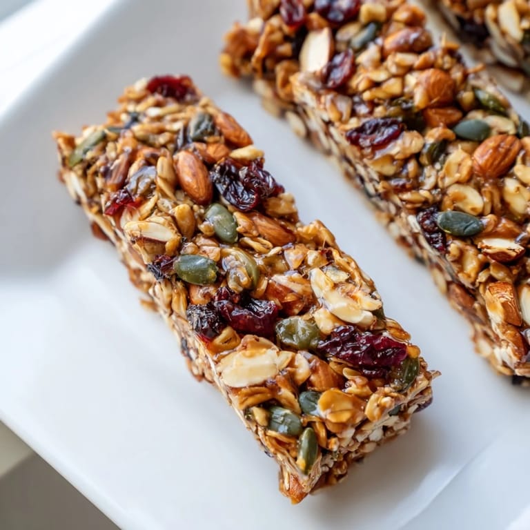 These homemade Granola Bars with pumpkin seeds and cranberries look chewy, golden-brown, and delicious.