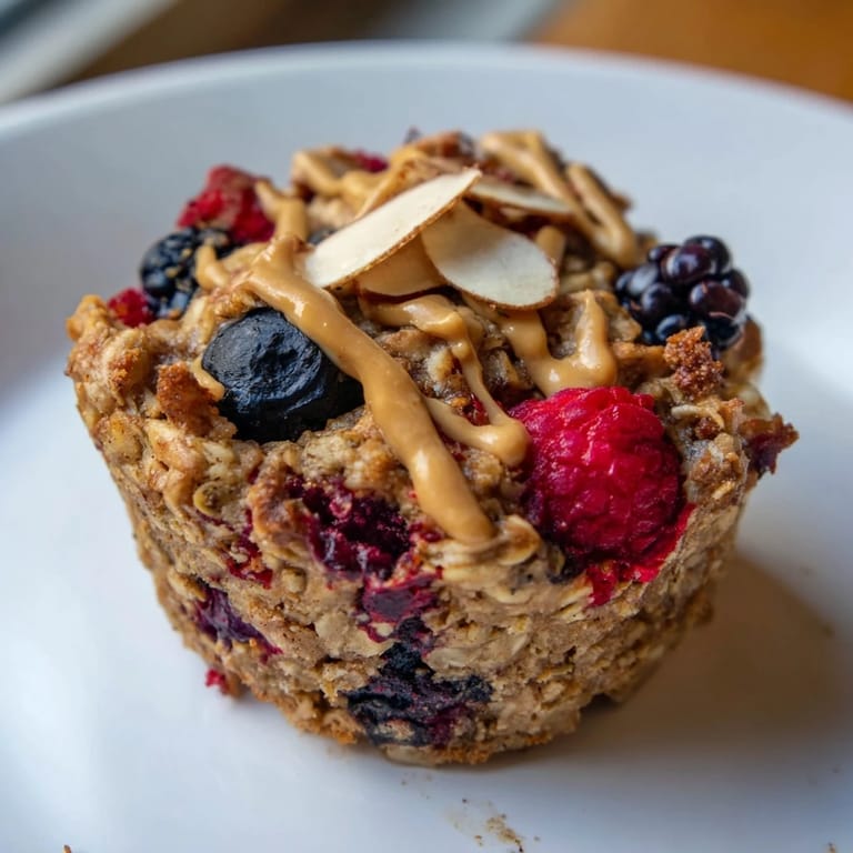 A close-up of warm, moist baked oatmeal cups with vibrant winter berries and a drizzle of almond butter.