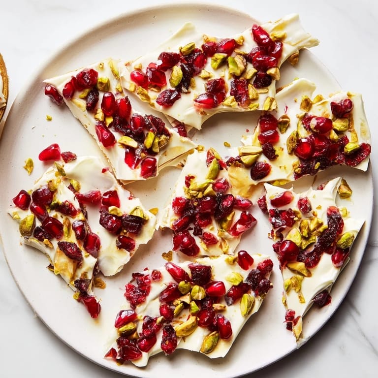 Close-up of frozen yogurt bark with vibrant red pomegranate seeds and crunchy pistachios sprinkled generously.