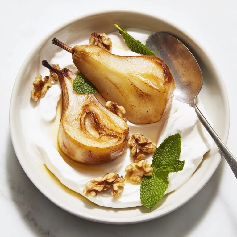 Perfectly cooked Roasted Pears, served with crunchy walnuts and a dollop of cool Greek yogurt.