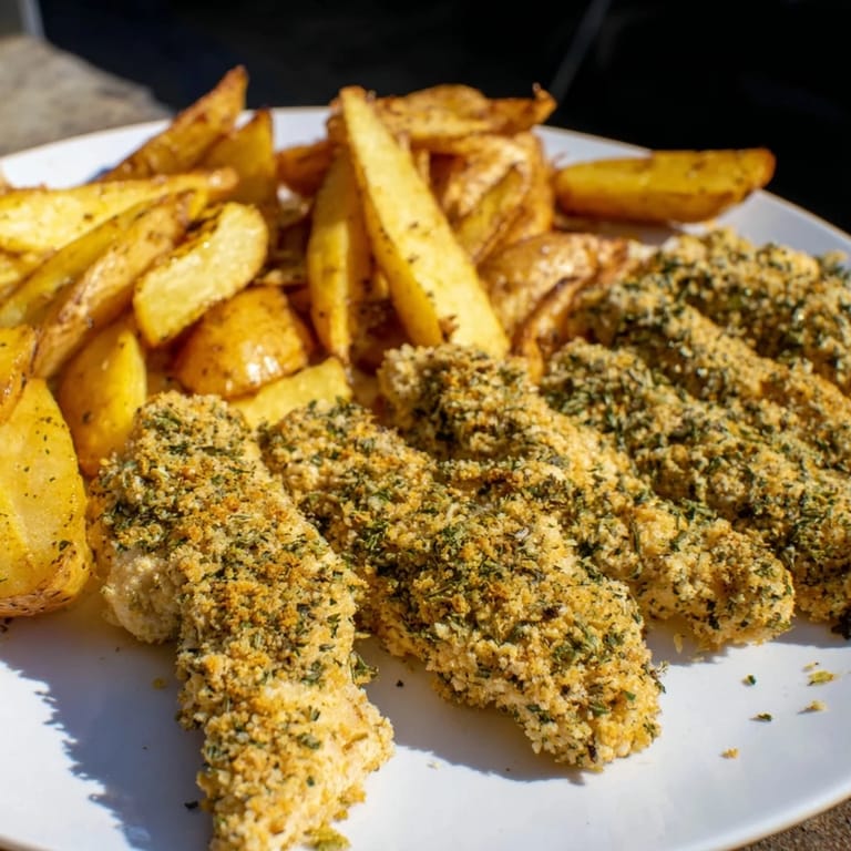 A close-up of delicious herbed chicken tenders and potato wedges, offering a flavorful family-friendly meal.