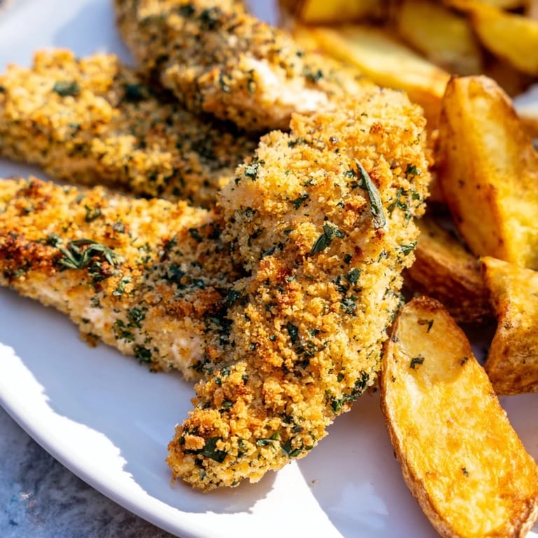 Golden-brown herbed chicken tenders and crispy potato wedges, showcasing a satisfying, well-balanced plate.