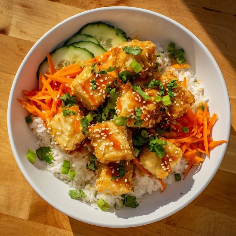 A steaming bowl of chili-mayo baked tofu, served over fluffy rice and vibrant vegetables.