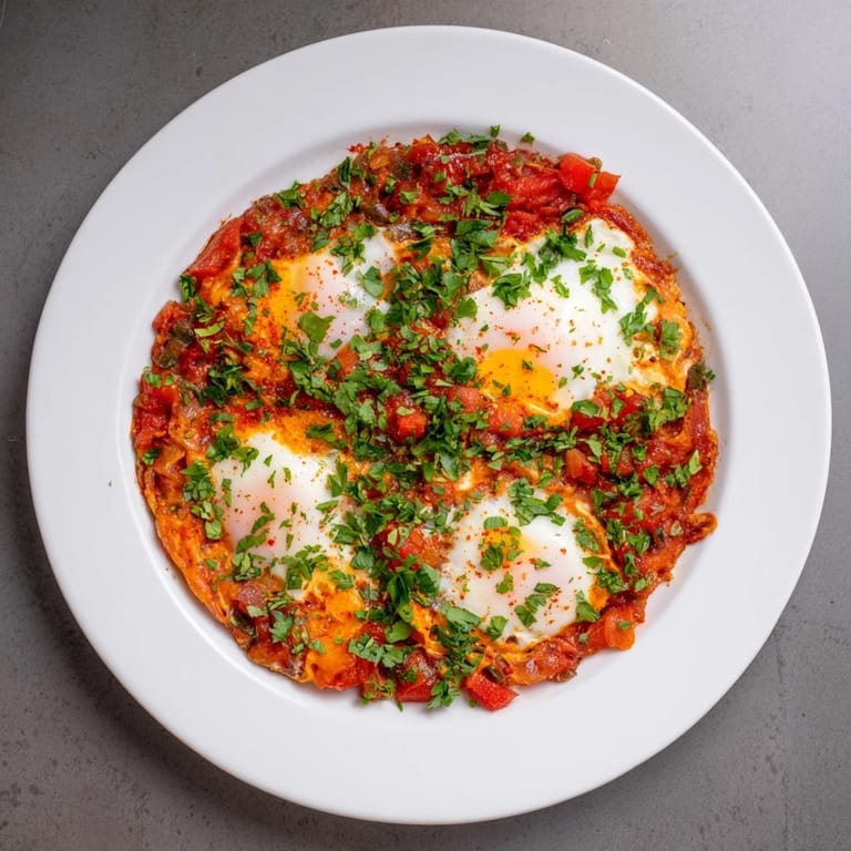 A close-up of delicious Shakshuka, showcasing poached eggs in a rich tomato and pepper mixture.