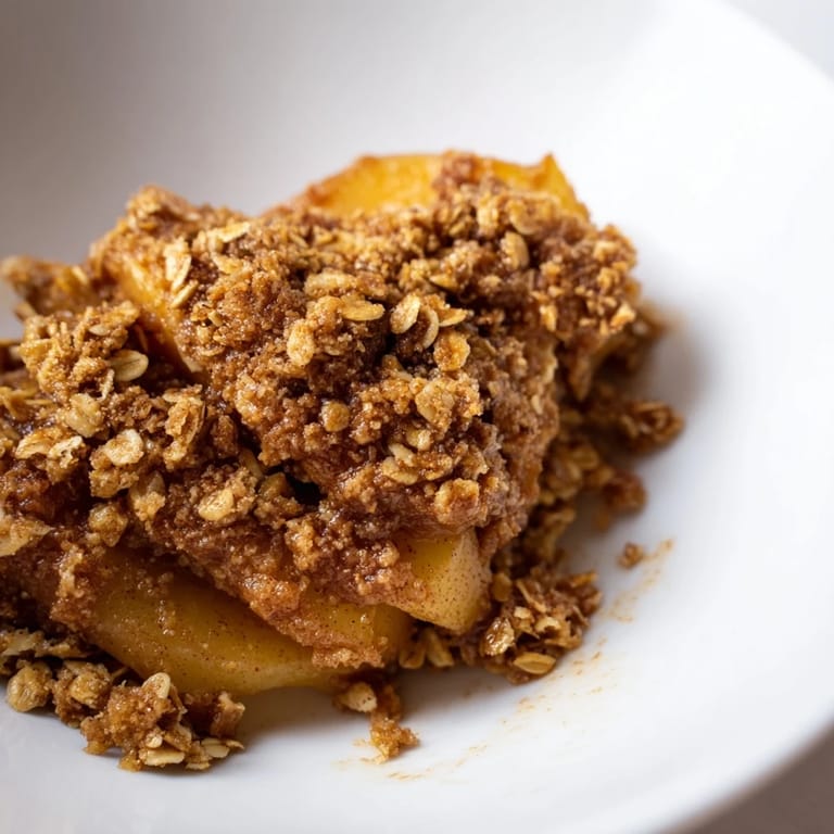 Warm Apple Crisp with a crispy oat topping, perfect with a scoop of vanilla ice cream.