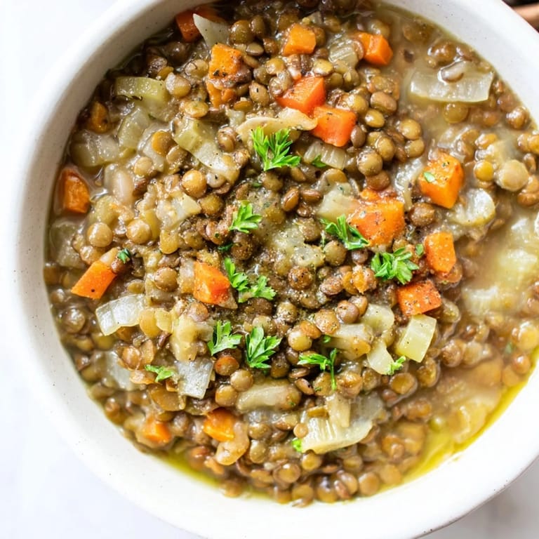 Hearty Lentil Soup with carrots and celery, a cozy dish for cold evenings, simmering on the stovetop.
