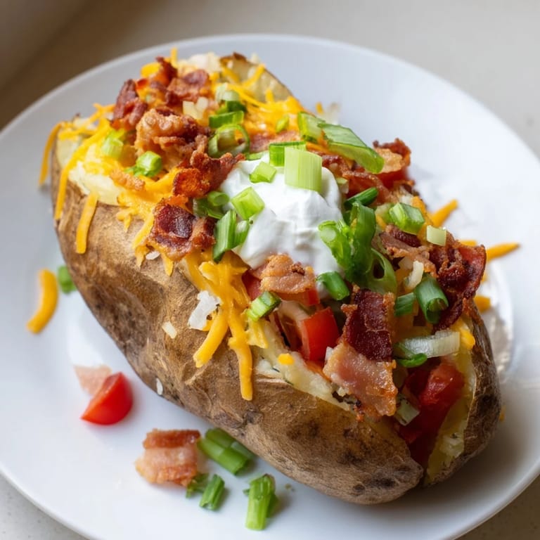 Steaming hot Baked Potato Bar with fluffy insides; featuring diverse fresh, flavorful toppings for customizable creations.