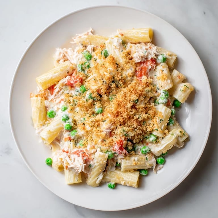 Creamy tuna pasta bake, baked with a cheesy, breadcrumb topping, smells delicious.