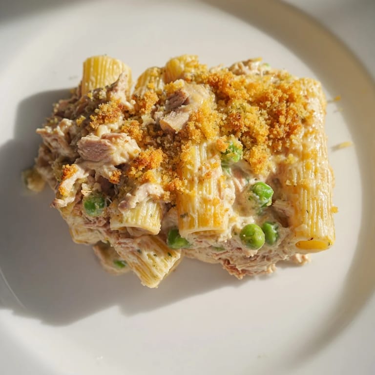 Close-up of a hearty tuna pasta bake, with peas and tomatoes, perfect comfort food.
