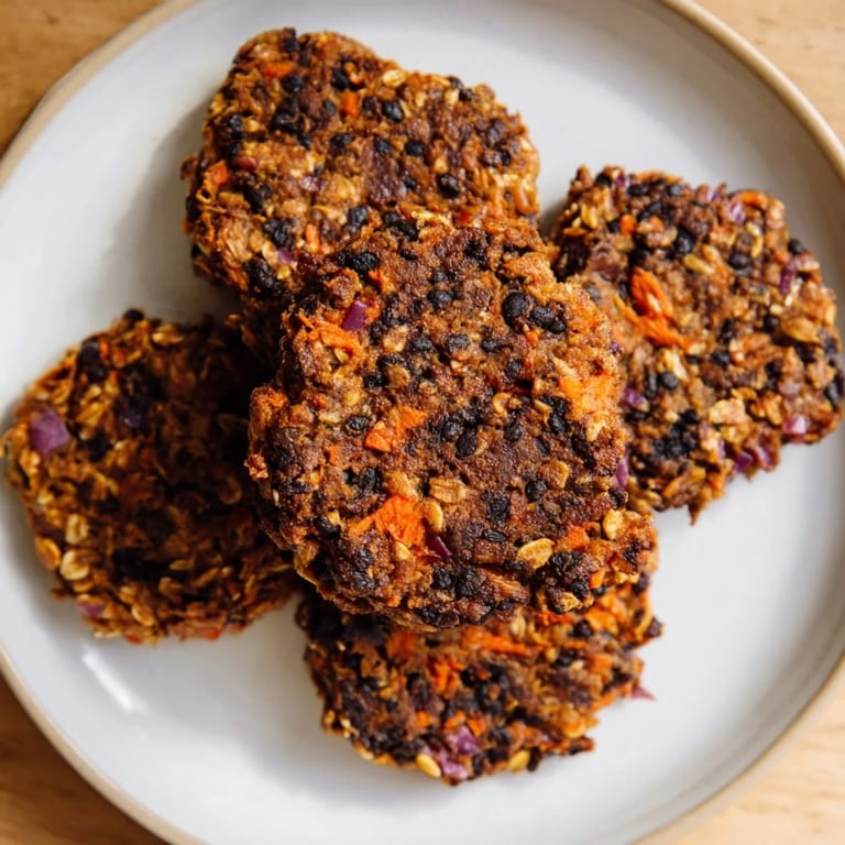 A stack of delicious vegan black bean burgers, cooked until crispy, promising a satisfying bite.