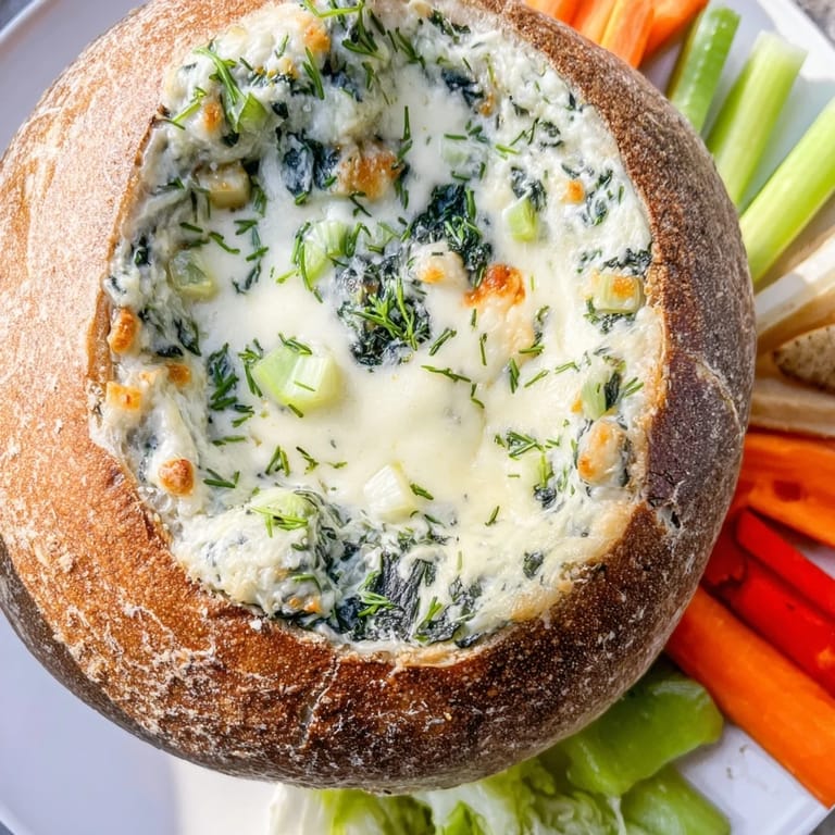 A close-up of the delicious Best-Ever Spinach Dip, showing its creamy texture and fresh veggies.