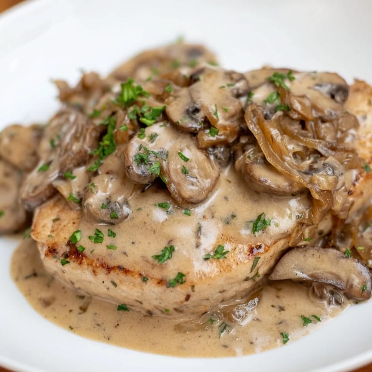 Golden-brown stove top pork chops served with a rich mushroom sauce, ready to eat.