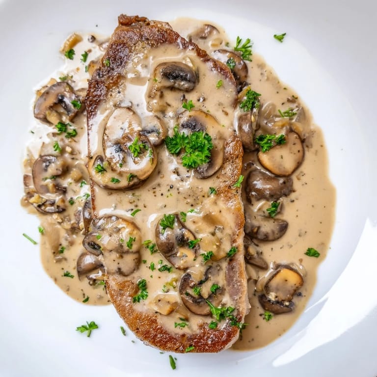 Delicious and aromatic stove top pork chops, with visible mushrooms and herbs in the sauce.