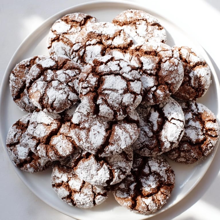 Close-up of freshly baked Chocolate Gingerbread Crinkle Cookies: fudgy, festive holiday treats.