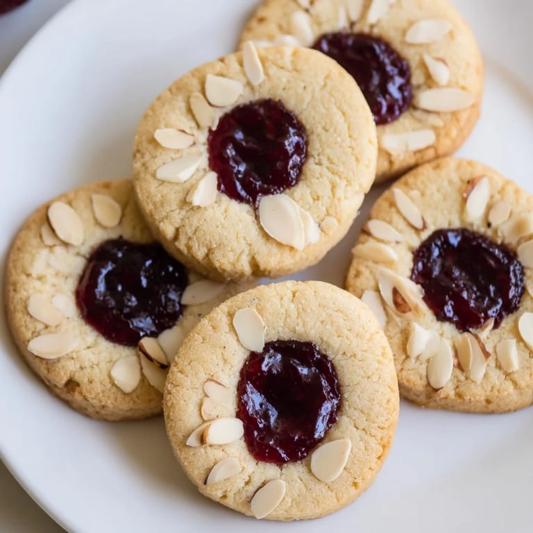 A close-up of festive Cherry Almond Thumbprint Cookies, speckled with almonds, ready to be enjoyed as a treat.