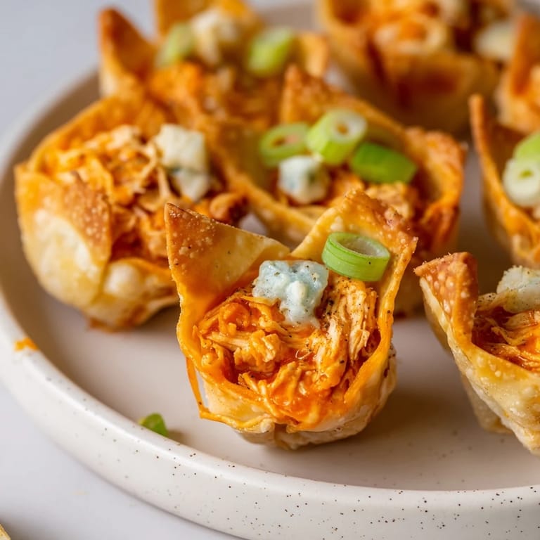 Close-up of baked Buffalo Chicken Dip Pinwheel Wontons, flavorful and spicy, ready to dip in ranch.