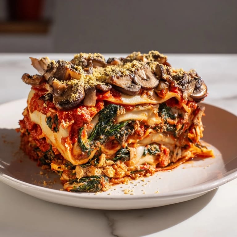 Close-up of bubbling, golden vegan mushroom spinach lasagna topped with nutritional yeast and fresh basil.