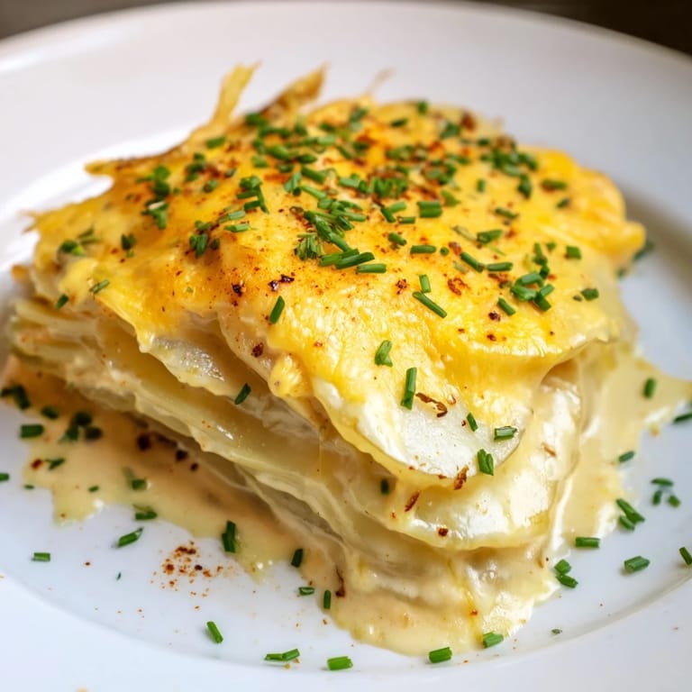 Warm, rich Cheesy Scalloped Potatoes fresh from the oven, featuring layers of tender potatoes and cheese.