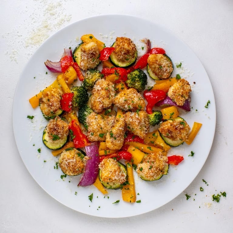 Sheet pan of Garlic Parmesan Chicken Bites; the chicken and vegetables are perfectly roasted.