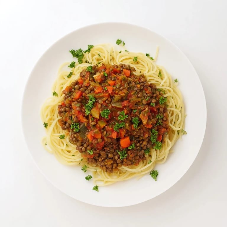 Delicious, plant-based Hearty Lentil Bolognese steaming beside a forkful of perfectly cooked pasta.