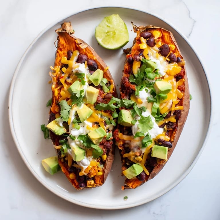 Flavorful Loaded Baked Sweet Potatoes, a comforting American dish, perfect with lime wedges and cooling sour cream.