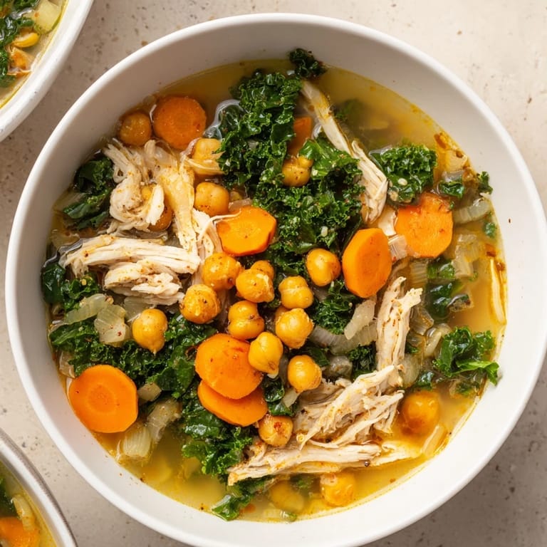 Steaming Chicken Kale Soup with visible bits of shredded chicken and vibrant green kale; a comforting meal.
