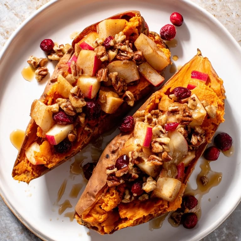 A close-up of delicious Cranberry Apple Twice-Baked Sweet Potatoes, warm and inviting with sweet, tart flavors.
