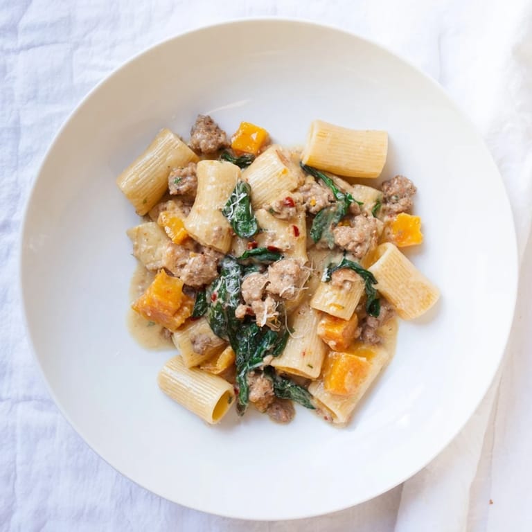 Sizzling spicy Italian sausage and tender butternut squash enrich this Creamy Rigatoni making a comforting meal.