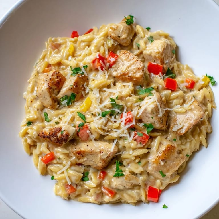 This vibrant photo shows a steaming serving of One-Pot Cajun Chicken Alfredo Orzo, ready to enjoy immediately.