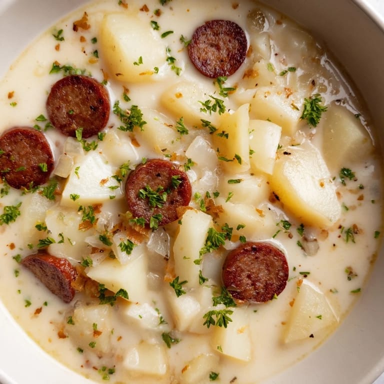 A close-up shot of the rich, thick Creamy Chorizo Potato Soup with visible chunks of potato.