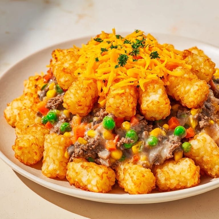 A cheesy Quick Christmas Tater Tot Casserole with browned ground beef and colorful veggies, ready to eat.