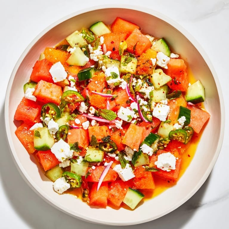 A close-up shot of a refreshing Cucumber and Watermelon Hot Girl Salad, ready for a summer meal.