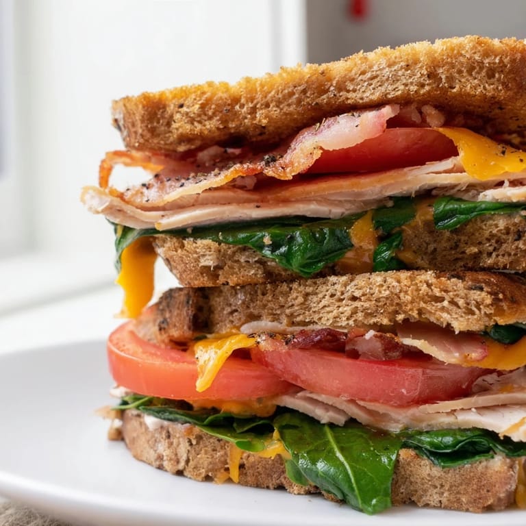 Golden, toasted bread encases a flavorful Turkey Bacon, Spinach & Tomato Protein Grilled Cheese, ready to be sliced.