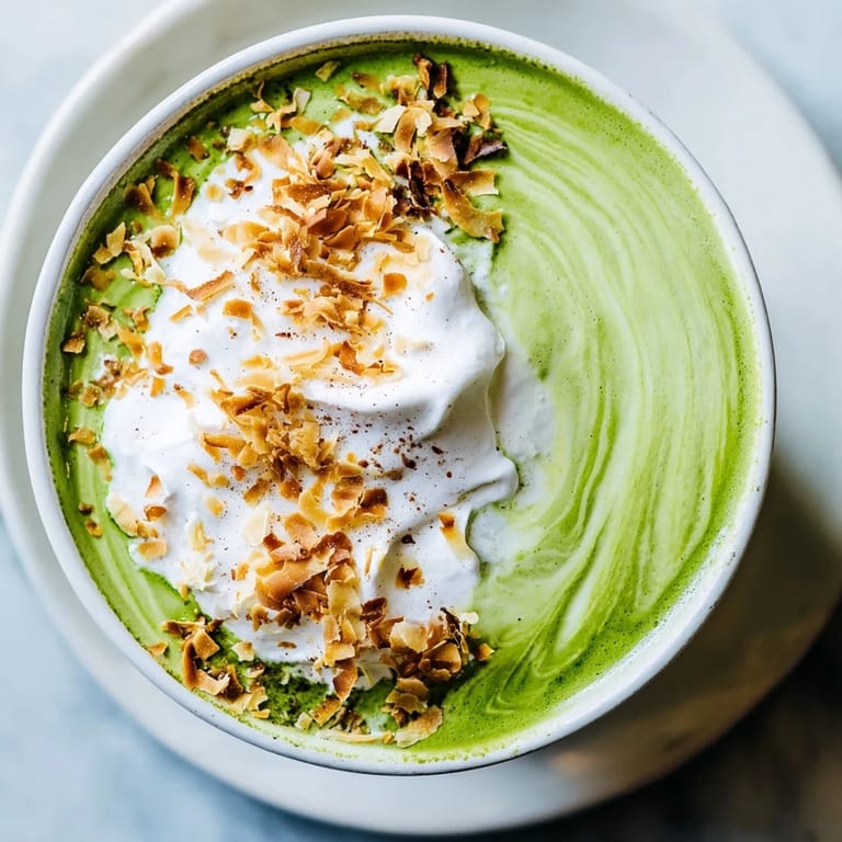 A refreshing glass of Toasted Coconut Gingerbread Iced Matcha with visible layers and toasted coconut.