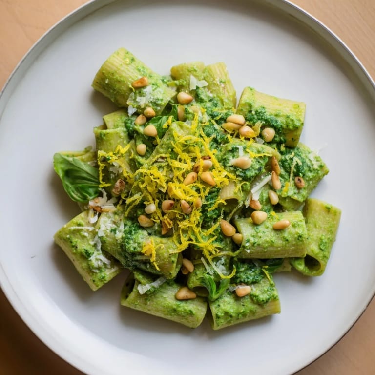 Enjoy a flavorful plate of Green Pea & Spinach Elf Green Protein Pasta with toasted pine nuts, a vegetarian delight.