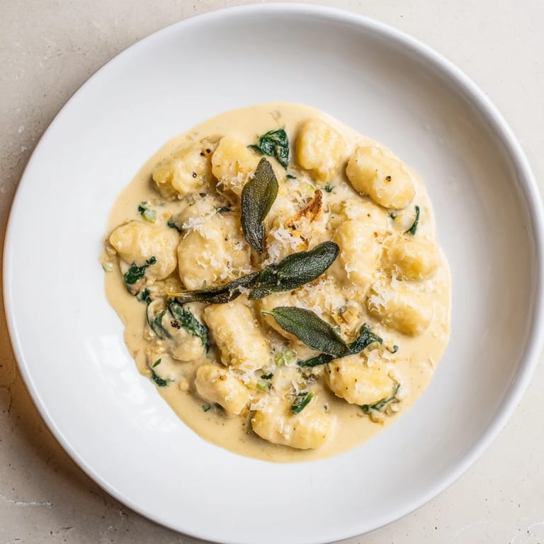 Savory One-Pot Creamy Pumpkin Sage Gnocchi pasta simmering, showing fluffy gnocchi and creamy sauce.
