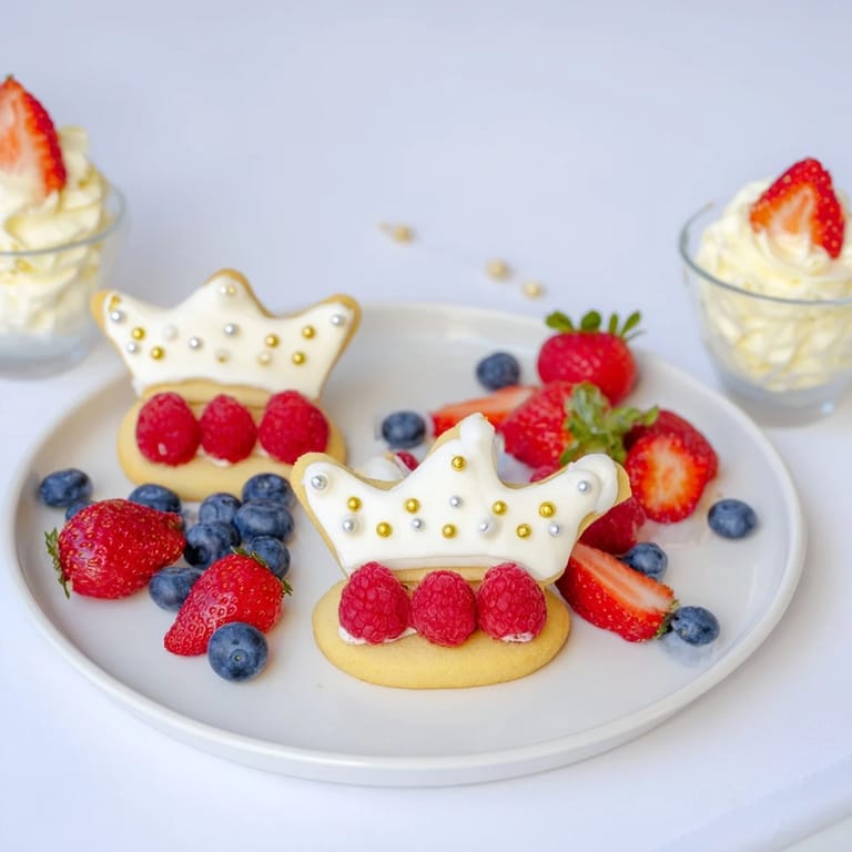 This Princess Crown Dessert Tray image shows decorated cookies, vivid berries, and rich, decadent mousse.