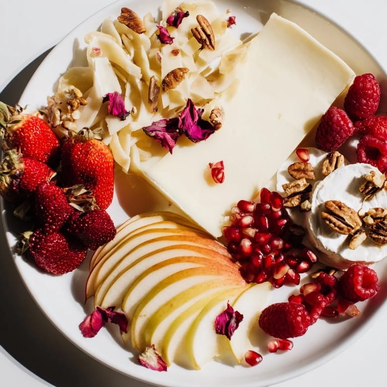 This elegant Rose Garden Romantic Platter features creamy brie, manchego, and a touch of rose petal jam.