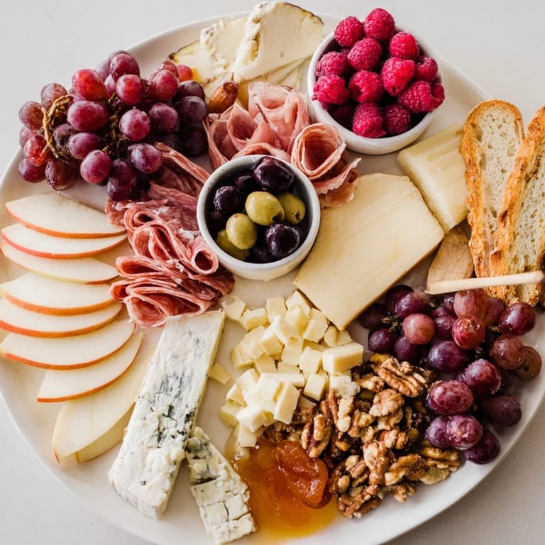 Visualize a Lace & Pearls Elegant Board full of colorful fruits, cheeses, and charcuterie ready to serve.