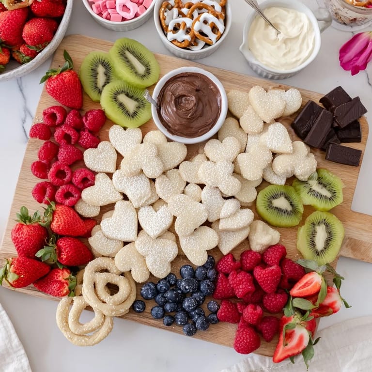 Sweet assortment on a Love Letter Dessert Board: heart-shaped cookies surrounded by berries and chocolates.