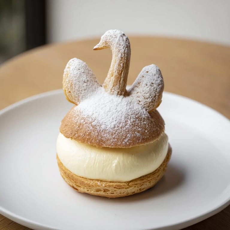Dusted powdered sugar sparkles on the Feathered Friend Swan Pastry Platter, featuring swan pastries with golden, crispy choux.