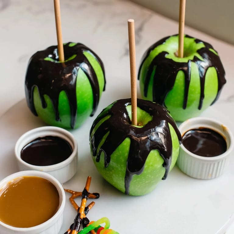 A festive party board featuring delicious poison apples with caramel and chocolate dips.