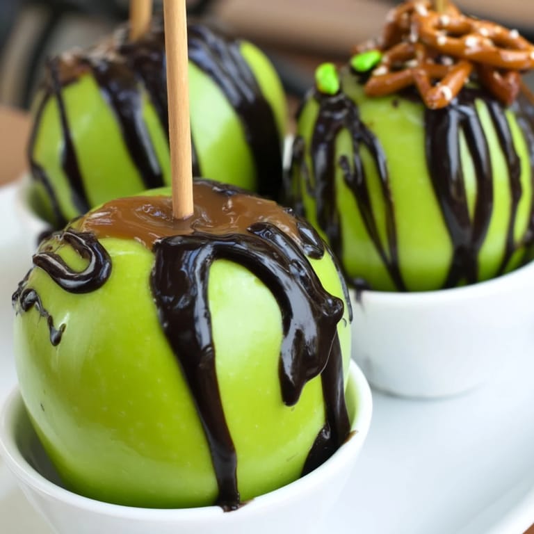 Vibrant Halloween dessert: a tempting arrangement of poison apples alongside gummy worms and candies.