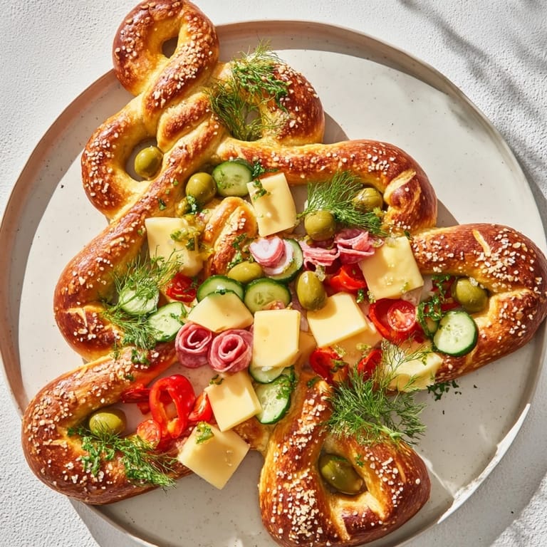 A rustic Bretzel Arbre de Vie, showcasing soft pretzels and colorful, fresh appetizer bites served with dips.