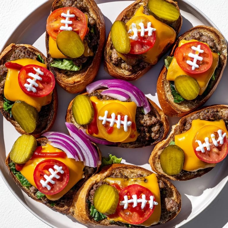 A close-up of delicious American football oval burgers arranged on a platter with crispy fries.