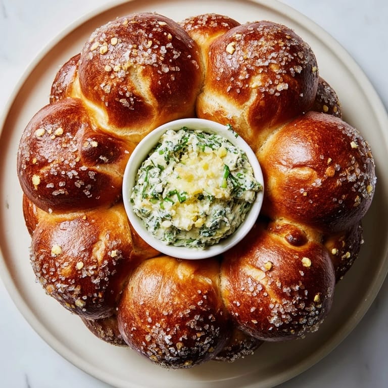 Imagine the aroma: a delicious Pretzel Wreath Dip Ring showcasing soft pretzel balls surrounding vibrant spinach dip.