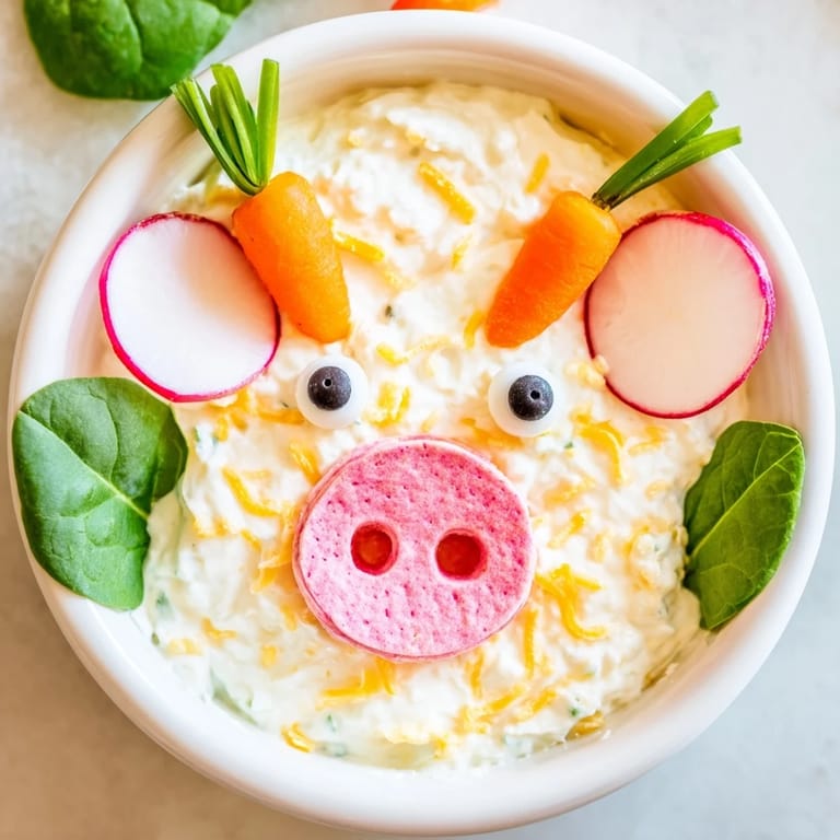 Fresh vegetable dippers and a creamy dip served in this adorable Piggy Face Dip Bowl.