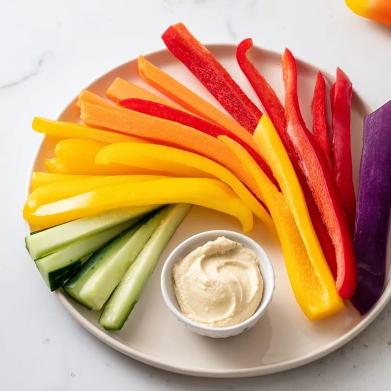 A beautiful plate of Rainbow Arch Veggie Sticks, featuring a spectrum of vibrant vegetables served with dip.