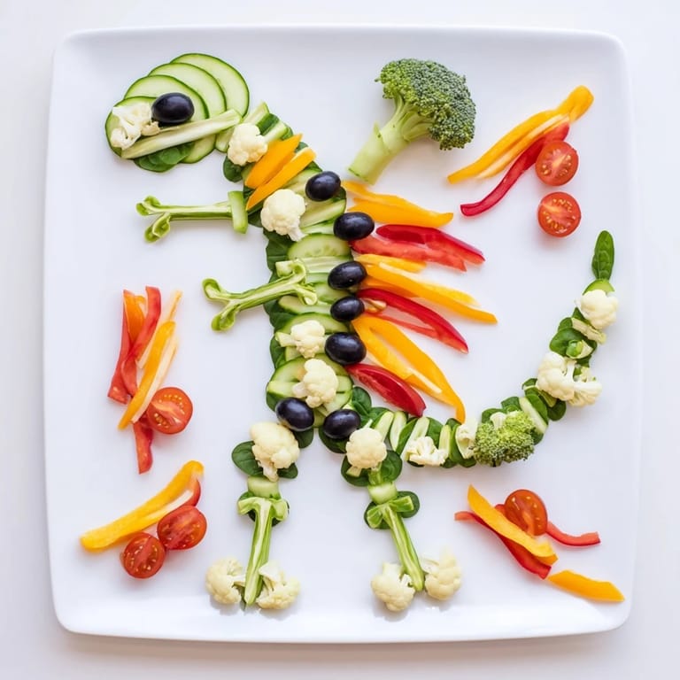 Fresh T-Rex Fossil Crudités: a whimsical veggie platter with olives as eyes, perfect for kids and parties.